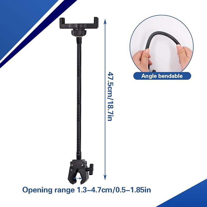 Mic Stand Phone Holder, 15.7 Inch Long Flexible Gooseneck Mount Clamp for Microphone Music Stand Tripod Fill Light Pole, Cell Phone Clip for iPhone, Galaxy, All Smartphones - Image 2