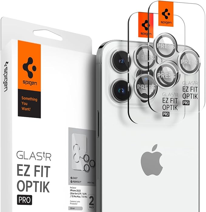Spigen Camera Lens Protector for iPhone 15 Pro Max,15 Pro,14 Pro Max,14 Pro | GlasTR EZ Fit Optik Pro, 9H+ Tempered glass, Scratch resistant, Auto-align tray, Case-friendly - Silver [2 Pack] - Image 8