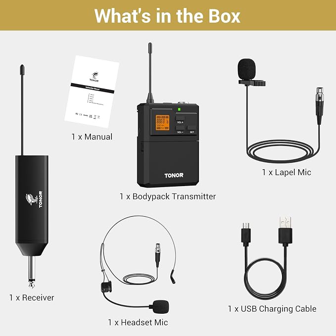 TONOR UHF Wireless Microphone System, 1 Set of Bodypack & Lavalier Mic | UHF Headset Lapel Mic, Rechargeable Receiver, 15 Channels 60 m/200ft Range 1/4" Output for Teaching, Recording ,Tour Guide - Image 9