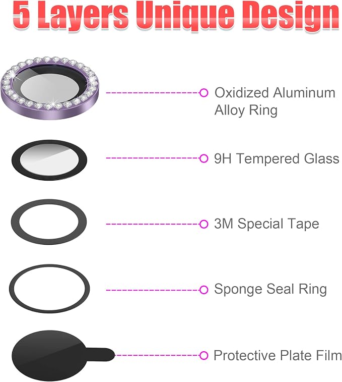 AGVEE 3+3 6 Pack for iPhone 14/14 Plus Camera Lens Protector Cover | Individual Bling Diamond & Bling Glitter Sparkle Cute Gem Metal Ring, 9H Tempered HD Glass - Image 7