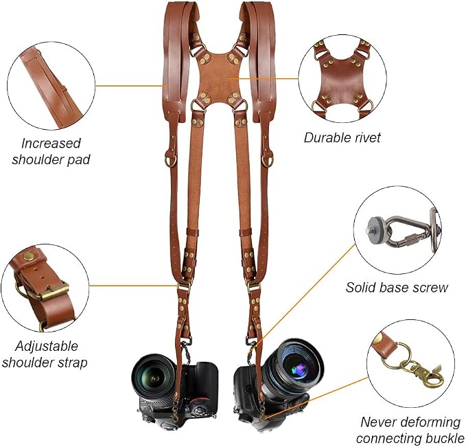 Kasla Leather Dual Camera Strap for Two DSLR/SLR Cameras Tan - Image 2