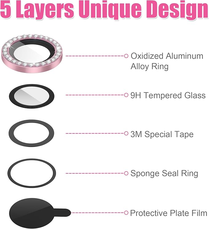 AGVEE 3+3 6 Pack for iPhone 14/14 Plus Camera Lens Protector Cover | Individual Bling Diamond & Bling Glitter Sparkle Cute Gem Metal Ring, 9H Tempered HD Glass - Image 7