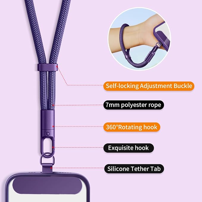 Phone Wrist Strap Lanyard Hand Universal Adjustable Phone Finger Grip Wristlet with 3 Patches Tether Anti Theft for iPhone 16 Pro Max 15 14 Charms for Keychain USB Flash Drive Wallet ID Name Tag Puple - Image 3