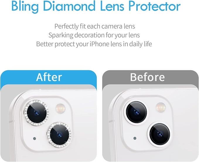 for iPhone 13/13 Mini Camera Lens Protector Bling Diamond, Silver | Individual Metal, 9H Hardness, Scratch Resistant, Shockproof, Drop Protection, Case Friendly, Stylish Accessories - Image 3