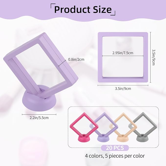 20 Pcs Floating Frame Case with Stands, 3.5X 3.5 x 0.8 inch, Challenge Coin Display,Transparent PE Jewelry Storage Box, Floating Display Holder Stands for Antique Challenge Coins, Medallion(ColorB) - Image 2
