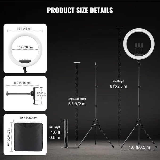 19" LED Ring Light with Stand, 78.7" Tripod, 3 Phone Holders | 45W Selfie Light, 2700K-6300K Adjustable Color, CRI 96+, Dimmable Brightness for Live Streaming, TikTok, YouTube, Makeup - Image 6