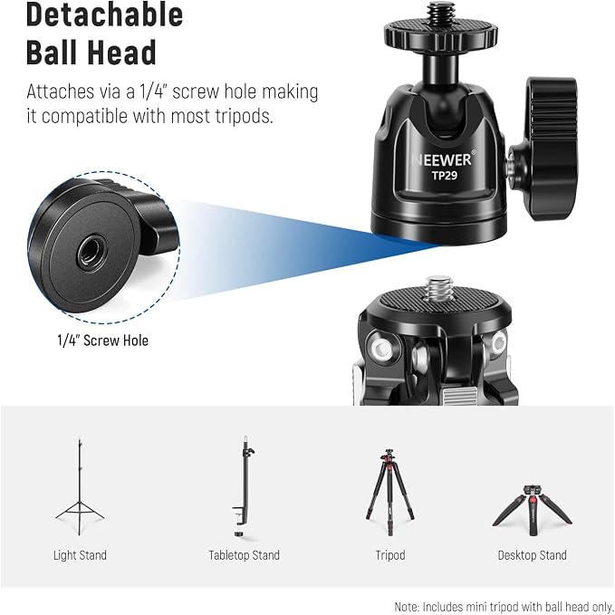 NEEWER Mini Desk Tripod, Metal Table Top Small Portable Travel Selfie Stick Stand with 360° Ball Head & 1/4" Screw for Camera Mobile Phone Holder Action Cam, Cleaning Cloth, Max Load 6.6 lbs, TP29 - Image 7