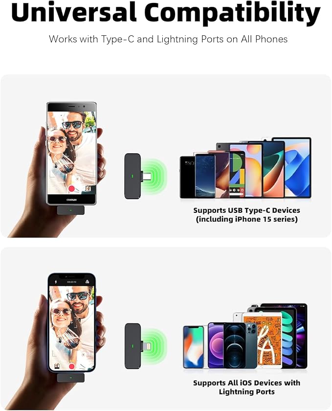 Wireless Lavalier Microphone, Lightning & USB-C Receivers, 18H | For iPhone Android PC, Noise Cancellation, 100ft Transmission, 18H Battery, Wireless Lapel Microphone for Video Recording - Image 6
