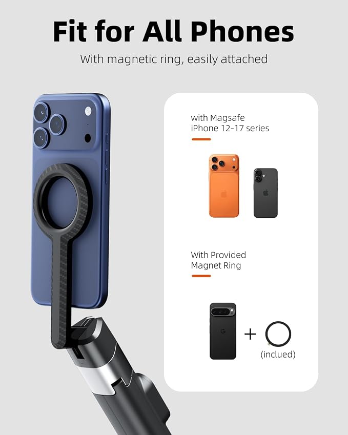 TODI 60" Magnetic Tripod for iPhone,Mini Magnetic Selfie Stick Magnetic Selfie Stick Compatible with iPhone 12-17 Series with Metal Ring - Image 3