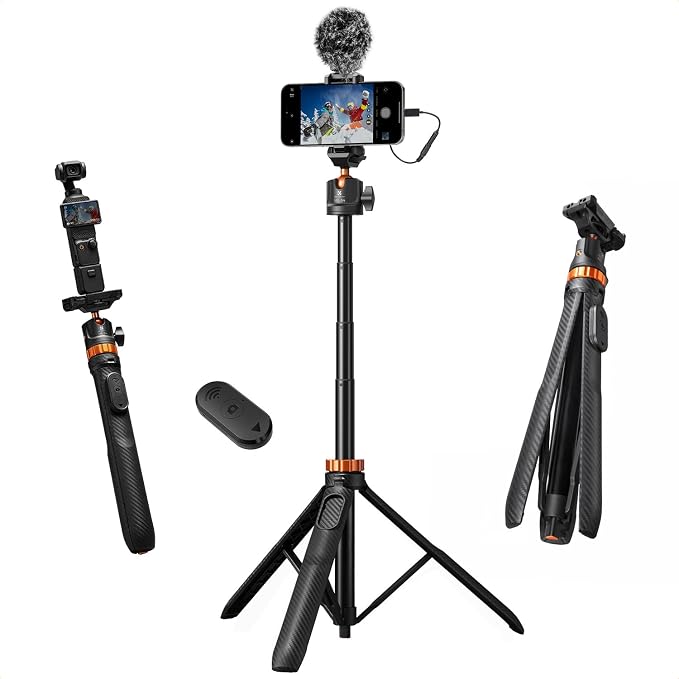 K&F CONCEPT Auto Open 62'' Selfie Stick Tripod with Remote for Vlog | 360° Ball Head Camera Tripod with 2-in-1 Phone Holder, Compatible with DJI Osmo Pocket 3 4 Insta360 Luna Ultra. MS34 by KFCONCEPT