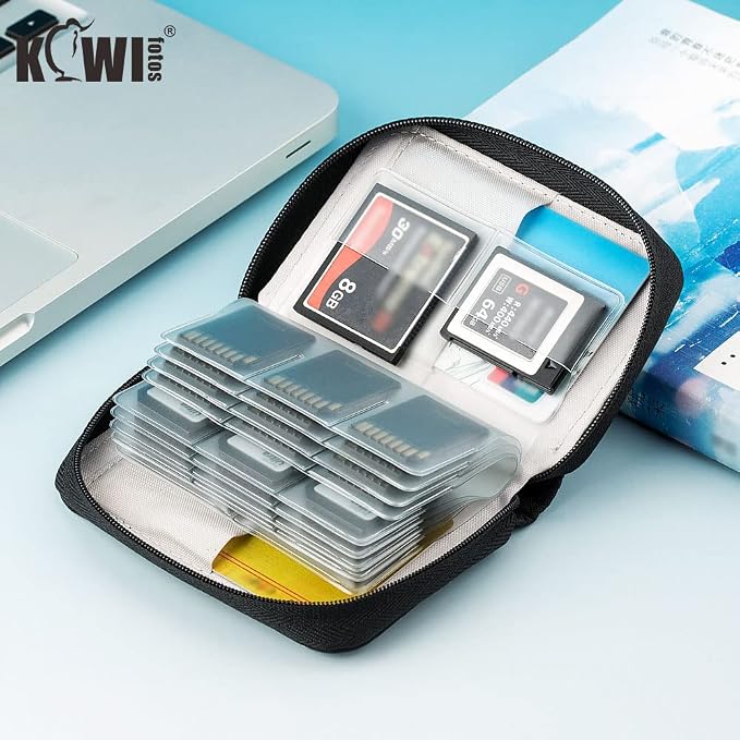 28 Slots SD Card Holder Case with Labels for 24 SD+4 CFB Cards | Holds 24 SD + 4 CF/XQD. Number stickers + notepaper for indexing. Durable polyester. Transparent slots memory Card case. - Image 3