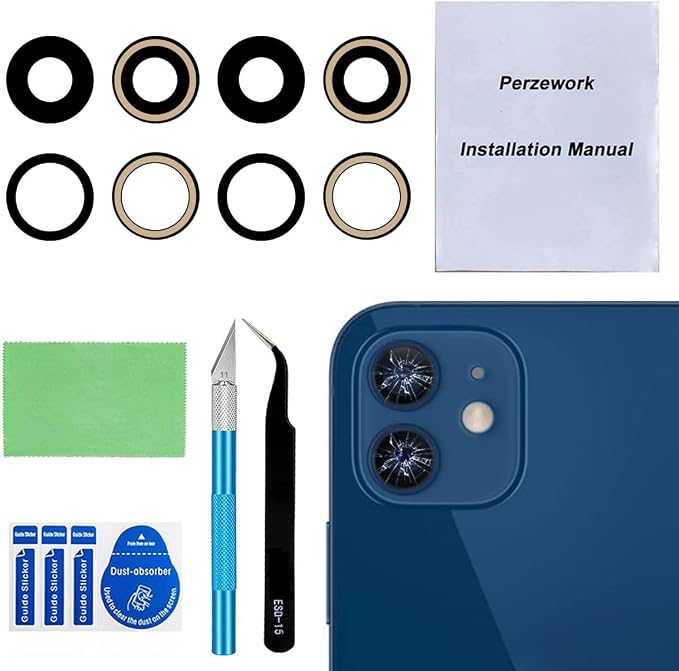 2 Set Original Back Rear Camera Lens Glass Replacement for iPhone 12 and iPhone 12 mini with pre-Installed Adhesive and Reparing Toolkit by Perzework