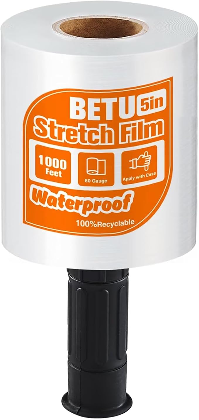Stretch Film Shrink Wrap for Moving Supplies (5inch, 1 Pack) x 1000ft, Industrial Strength Plastic Wrap Stretch Roll for Pallet Wrapping Shipping Moving Boxes Storage Furniture with Handles, Clear by BETU