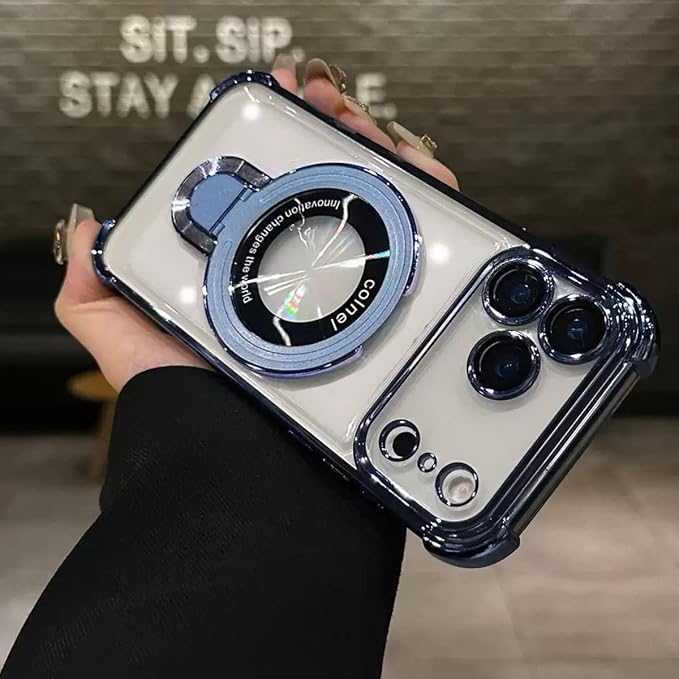 for iPhone 17 Pro Max Clear Case with Magnetic Ring Stand, [Compatible with MagSafe] Shockproof Kickstand Plating Soft Case Camera Lens Protector Girls Phone Cover for 17 Pro Max 6.9", Blue - Image 6