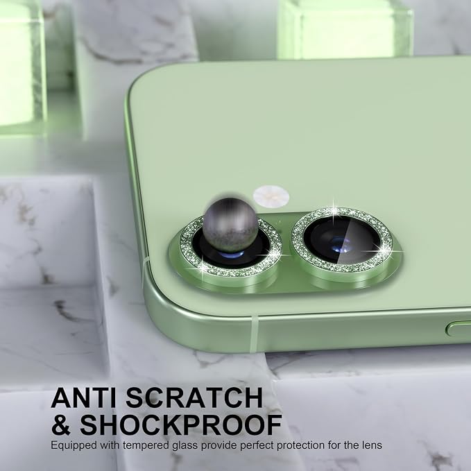 Choiche for iPhone 17 Camera Lens Protector Bling, Glitter-Green | Ultra HD, 9H Tempered Glass Camera Cover Screen Protector Metal Individual Ring Decoration Accessories, 2-Lens, 6.3-inch - Image 3
