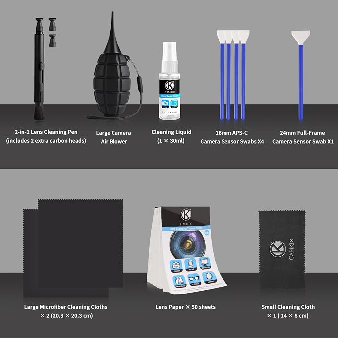 Camkix 14-in-1 Camera Lens Cleaning Kit - Includes Advanced Large Silicone Air Blower, 2in1 Lens Cleaning Pen, Dry Swabs, Cleaning Paper, 30 ML Optical Lens Spray for Mirrorless Cameras, APS-C, DSLR - Image 2