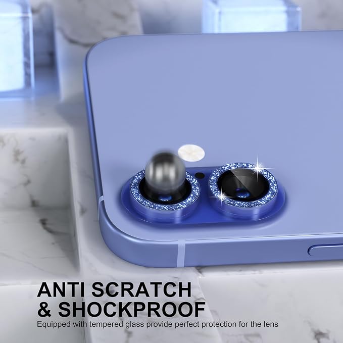 Choiche for iPhone 16/16 Plus Camera Lens Protector, Glitter-Ultramarine | Ultra HD, Bling 9H Tempered Glass Camera Cover Screen Protector Metal Individual Ring Accessories, 2-Lens, 6.1/6.7-inch - Image 3