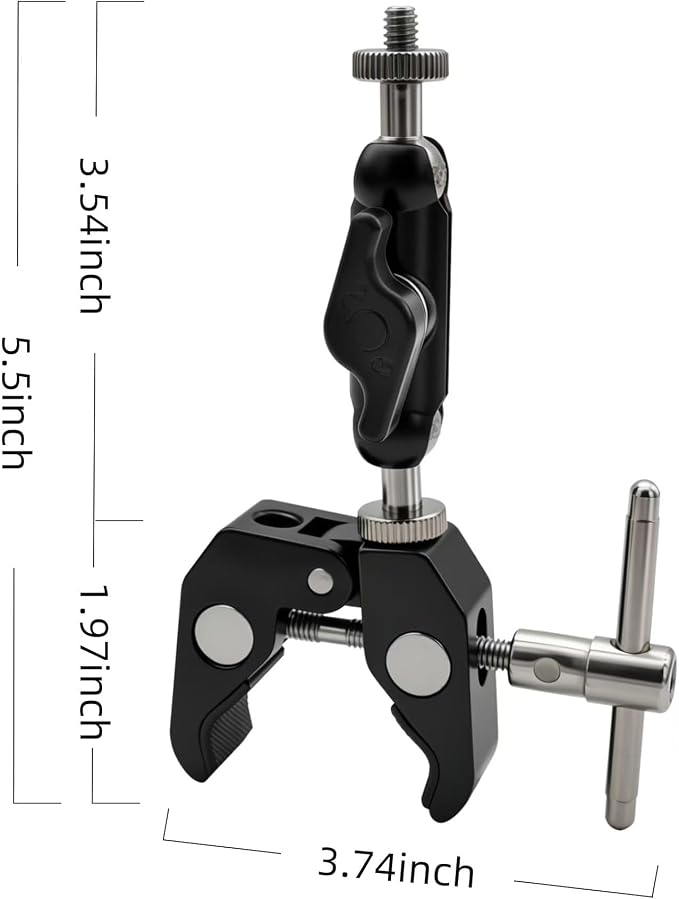 Super Clamp Mount with Dual Ball Head Magic Arm Heavy Duty Plastic Crab Compatible with GoPro, DJI Action 2, Insta360, Canon Nikon Sony Cameras, Field Monitor, LED Light, Microphone, Tube, Tripod - Image 9