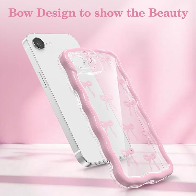 QLTYPRI for iPhone 17e/16e Pink Bow Case, Clear Cute Pink Ribbon Bow Phone Case Curly Wavy Aesthetic Phone Cover, Soft Slim Transparent TPU Shockproof Protective Cover for Women Girls - Ribbon Bow - Image 2