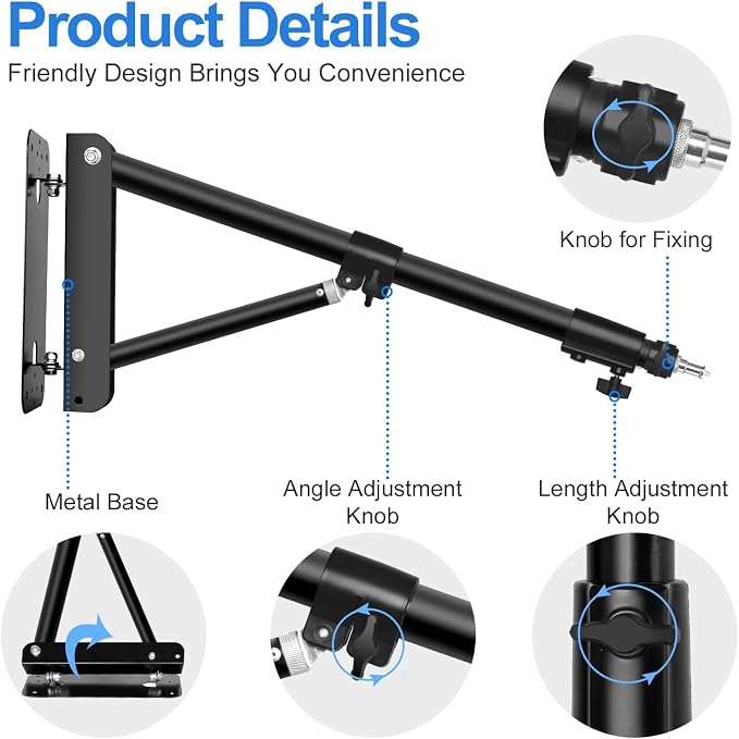 EMART Ring Light Wall Mount Boom Arm, Adjustable 71in/180cm Overhead Stand | 180°Rotation Heavy Duty Triangle Bracket Mounting Bar for Camera, Photography Lighting, Barber Led Lamp - Image 5