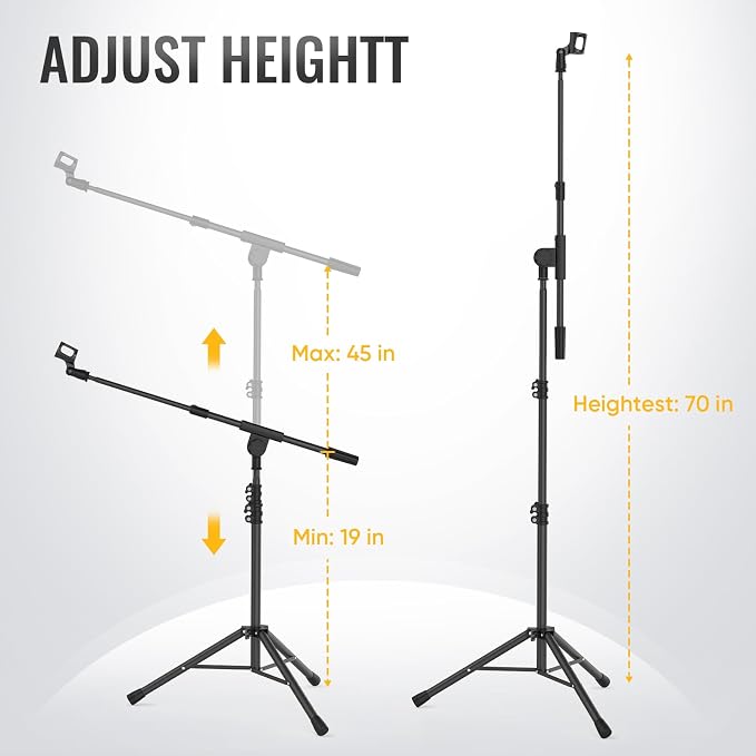 Microphone Stand for Light Microphone less than 1 LB - Tripod Boom Arm Mic Stand with Carrying Bag, 2 Mic Clips and Screw Adapter Portable for Singing Performance Wedding Stage and Mic Mount - Image 2