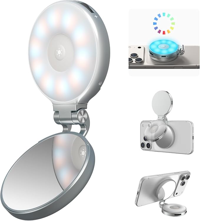 TELESIN 4-in-1 RGB Selfie Light with Mirror for Phone | 4 in 1 Magnetic RGB Light with Makeup Mirror and Phone Stand, Rechargeable Clip-On Light for TikTok, Vlog, Selfie, Makeup by telesin