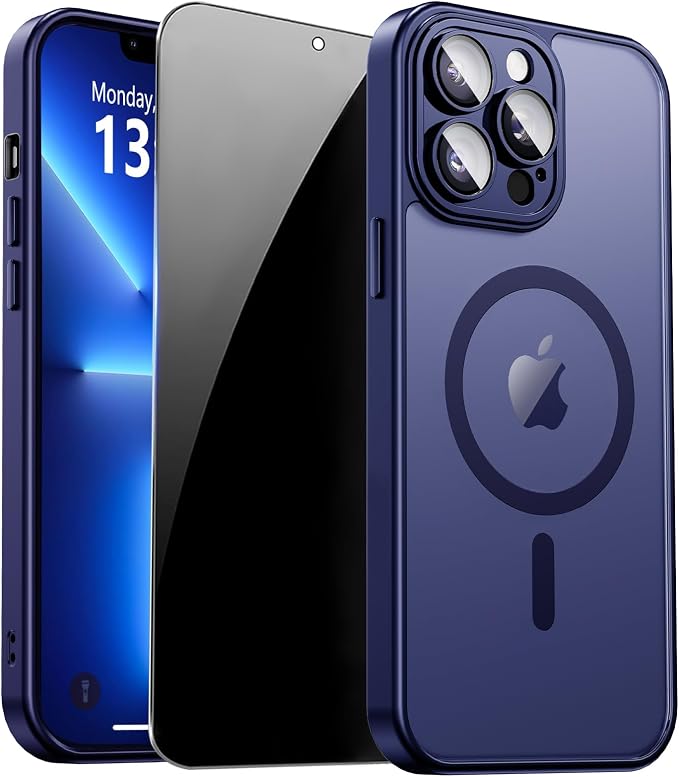 for iPhone 13 Pro Max Case with Privacy Screen Protector, Blue | Full Camera Protection, Translucent Matte Magnetic, Compatible with MagSafe, Shockproof Phone Cover, Slim Fit by ZOZDOKG