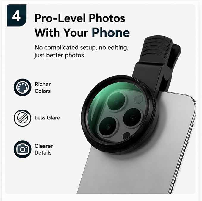 APEXEL 52mm CPL Phone Camera Lens Filter for iPhone & Android | CPL Filter to Reduce Glare & Reflections, Enhance Colors for Travel Photography, with Universal Clip & Adapter Ring - Image 5