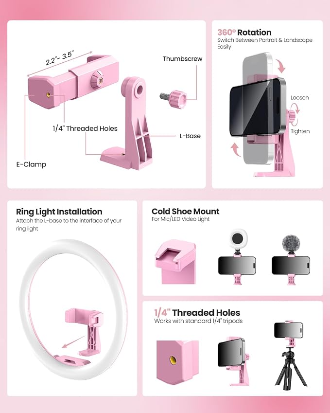 UBeesize 12'' LED Ring Light with 62'' Tripod Stand, Selfie Ring Light for Video Recording, Live Streaming, TikTok & YouTube, Compatible with iPhone & Android (Pink) - Image 7