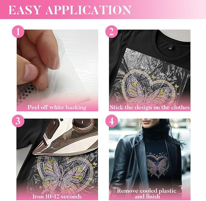 1 Pc Butterfly Heart Iron on Rhinestones Transfer, Pink Hotfix Iron on Patch Transfer Decals Crystal Heat Transfer Clothing Repair Decor for T-Shirt Jeans Jacket Party Decor - Image 3