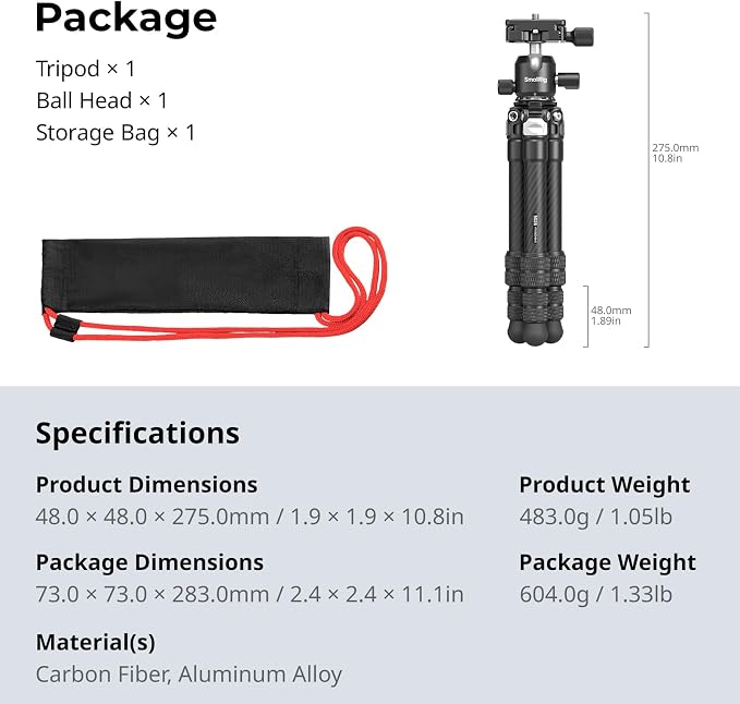 SmallRig Carbon Fiber Mini Desktop Tripod with 360° Ball Head | Compact 15.5" tripod, Built-in QR Plate for Arca, Ball Head Capacity 3kg / 6.6lb for Cameras, DSLRs, Lenses - Image 7