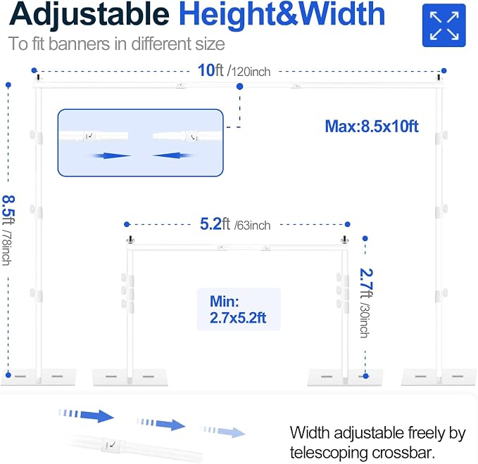 EMART Backdrop Stand 8.5x10ft Adjustable Photo Background Support Poles | White back drop stand with Heavy Duty Flat Base, Photo Metal Steel Pipe and Drape Frame Kit for Parties Birthday Wedding - Image 2