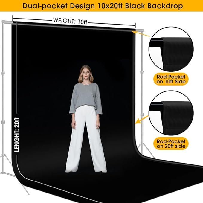 CPLIRIS 10x20ft Black Backdrop for Photography, Dual-Size Dual-Pocket Design Photo Booth Background for Portrait Photoshoot, Party and Video with Both Options of 10 feet and 20 feet in Width - Image 2