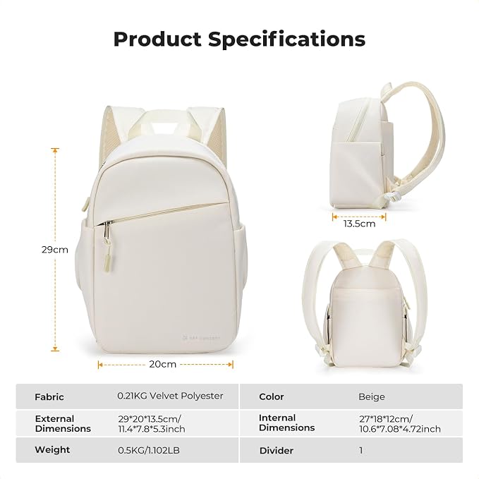 K&F CONCEPT Camera Backpack, Lightweight Compact Camera Bag 5L | Water-Resistant, Dividers, 9.7in Tablet Compartment, Quick Access, Street & Urban, Men & Women, for Canon/Nikon/Sony, Beige - Image 9