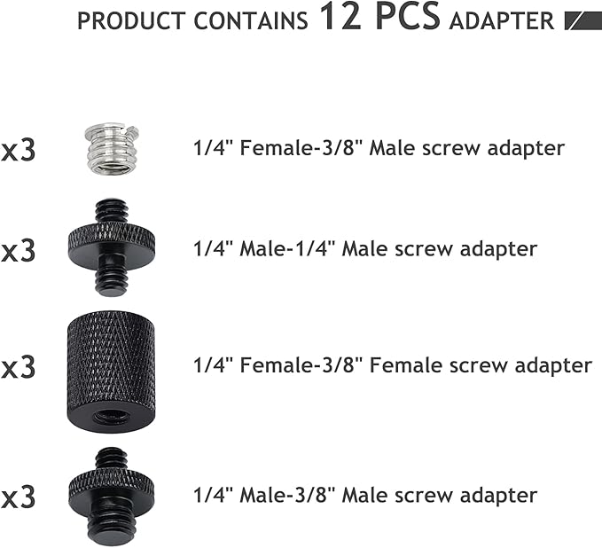 12 Pcs 1/4" & 3/8" Camera Screw Adapter Set - DSLR, GoPro, Flash & Light Stand Mounts - Image 2