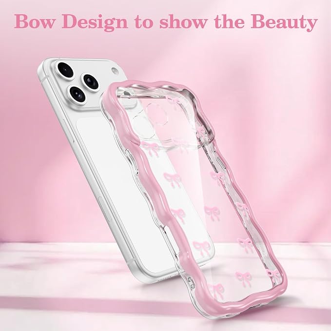 QLTYPRI for iPhone 17 Pro Pink Bow Case, Clear Cute Pink Ribbon Bow Phone Case Curly Wavy Aesthetic Phone Cover, Soft Slim Transparent TPU Shockproof Protective Cover for Women Girls - Tiny Bow - Image 2