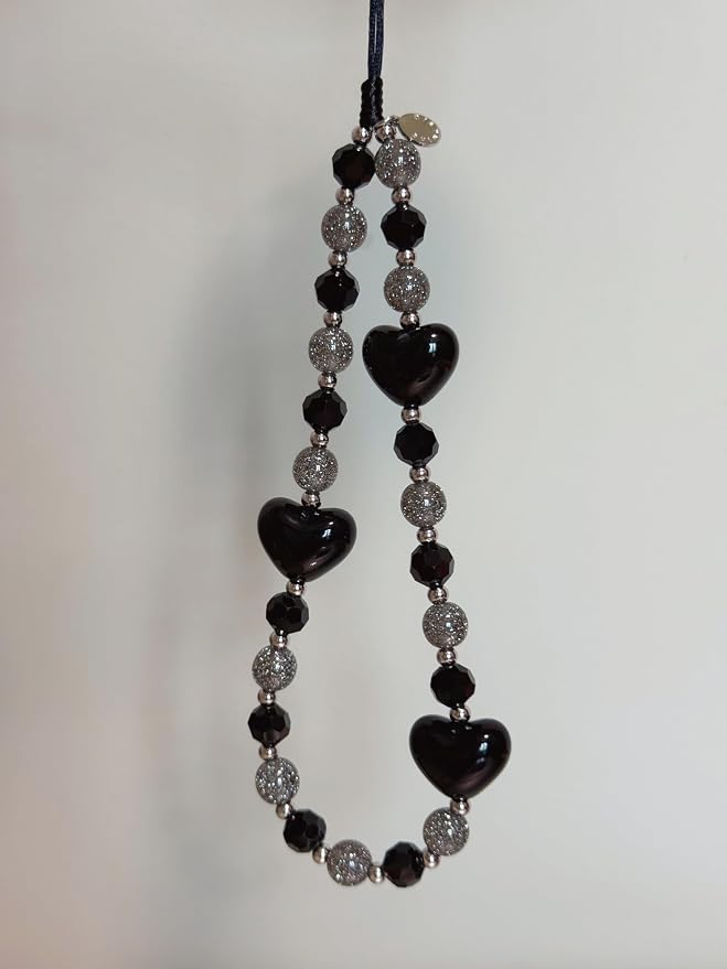 Drawwind Phone Charm Beaded Wristlet Strap Universal Cell Phone Lanyard Cute Bracelet Wrist Strap Beaded Chain String Handmade Accessories for Case Camera Bags (Black Hearts) - Image 6