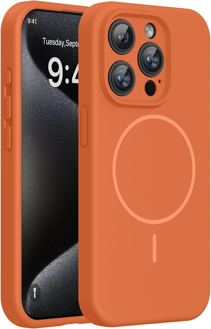 miracase Magnetic for iPhone 15 Pro Max Case, [Soft Anti-Scratch Microfiber Lining], Compatible with MagSafe, Liquid Silicone Case Shockproof Drop Protection Phone Case for 15 ProMax, Orange by Miracase