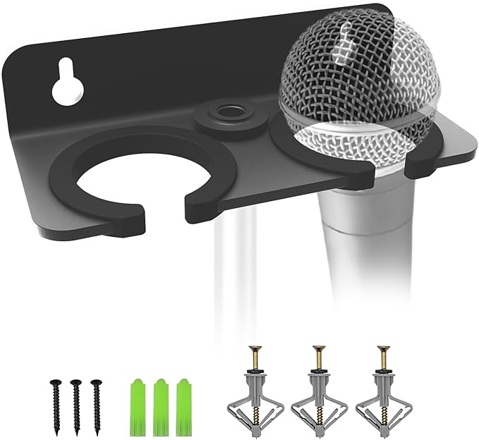 Double Mic Holder for Stand, Wall Mounted for 2 Handheld Wired/Wireless Mic | Multiple Mic Organizer Fits 5/8 & 3/8 Stands, Rubber Pad Protection, Holds 2 Dynamic Mics for Church/Stage/Studio/Podcast by Borenbuir