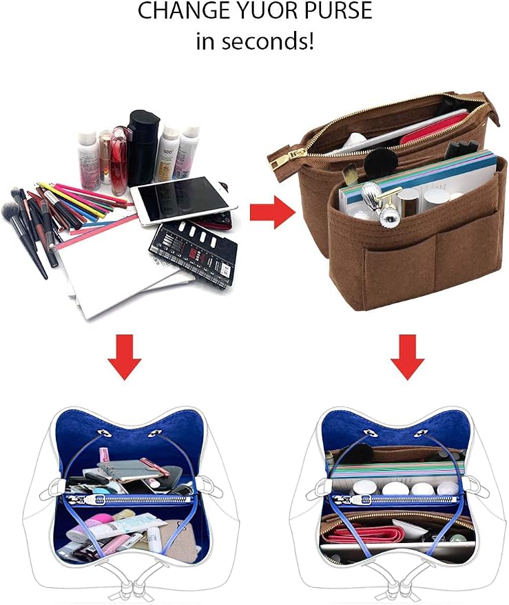 LEXSION Organizer,Bag Organizer,Insert purse organizer with 2 packs in one set fit NeoNoe Noé Series perfectly Brown - Image 4
