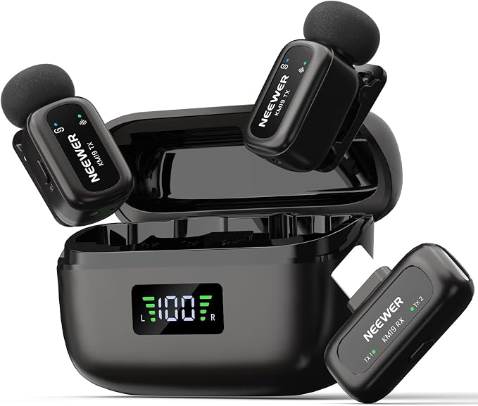 NEEWER KM19 Mini Lav Mic Compatible with iPhone 17 16 15, Black | Noise Canceling Wireless Lapel Microphone with App Control, 30h Battery, 100m Range, Compatible with iPhone Android PC by Neewer