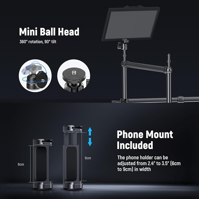 NEEWER Overhead Camera Mount Rig with Dual Ball Head Super Clamp/Phone Holder/C Clamp for Desktop Top Down Shots, Metal Multi Device Mount Platform for Photography Live Streaming Video Making, NK003 - Image 8