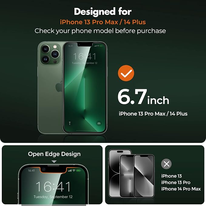 UNBREAKcable Privacy Screen Protector for iPhone 13 Pro Max/14 Plus, 2-Pack | True 28° Anti-Spy, Shatterproof Tempered Glass, 9H Hardness, Easy Install, Bubble-Free, Anti-Scratch, Case Friendly - Image 2