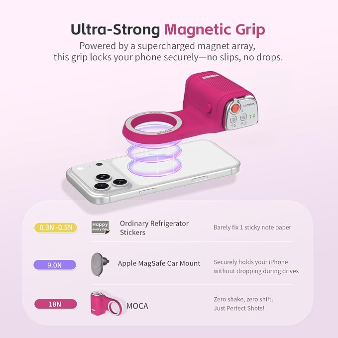 COMITOK MOCA iPhone 17 Pro Camera Grip No Need App for iOS26, Compatible iOS17 and iOS18, Fun Shot Magnetic Grip for Phone Native Camera with Anti-Drop Detachable Remote and Convenient Keychain Hook - Image 7
