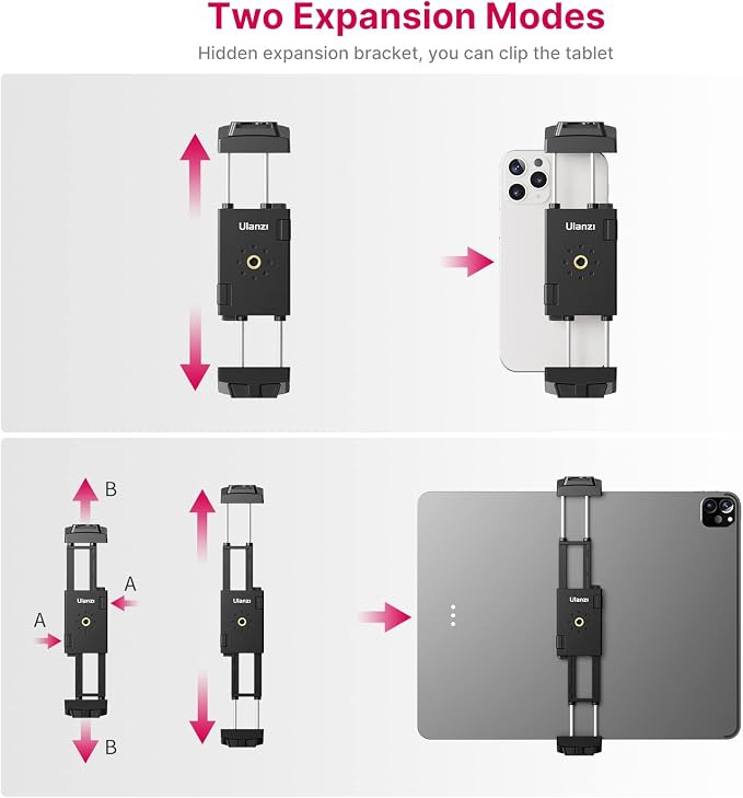 ULANZI ST-29 Phone Tripod Mount, 2-in-1 Tablet Smartphone Holder Adapter | Cold Shoe Mount, Dual 1/4" Screw Holes for tripod, 2.6"-8.8" Extend Clip Clamp Compatible with iPad, iPhone, Android - Image 5