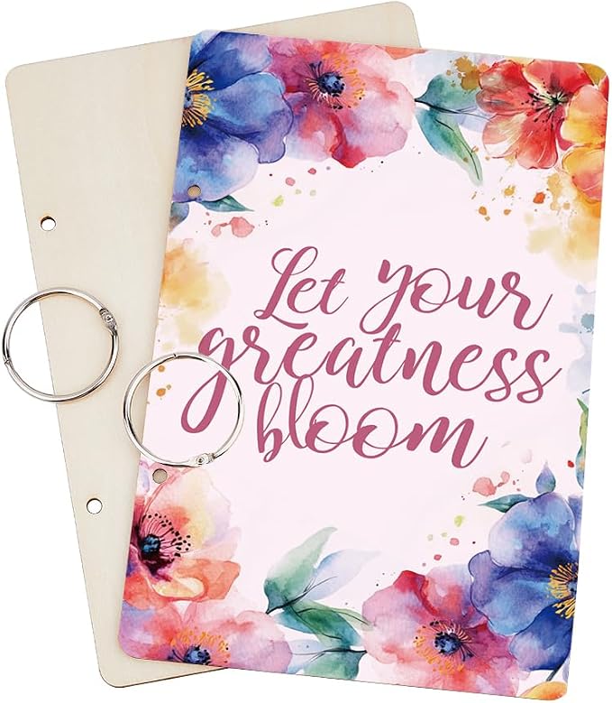 SUPERDANT Let Your Greatness Bloom Wooden Loose Leaf Watercolor Floral Design Journal Card Keeper Motivational Text Planner Card Holder Elegant Greeting Card Organizer Photo Album with 2-Rings - Image 2