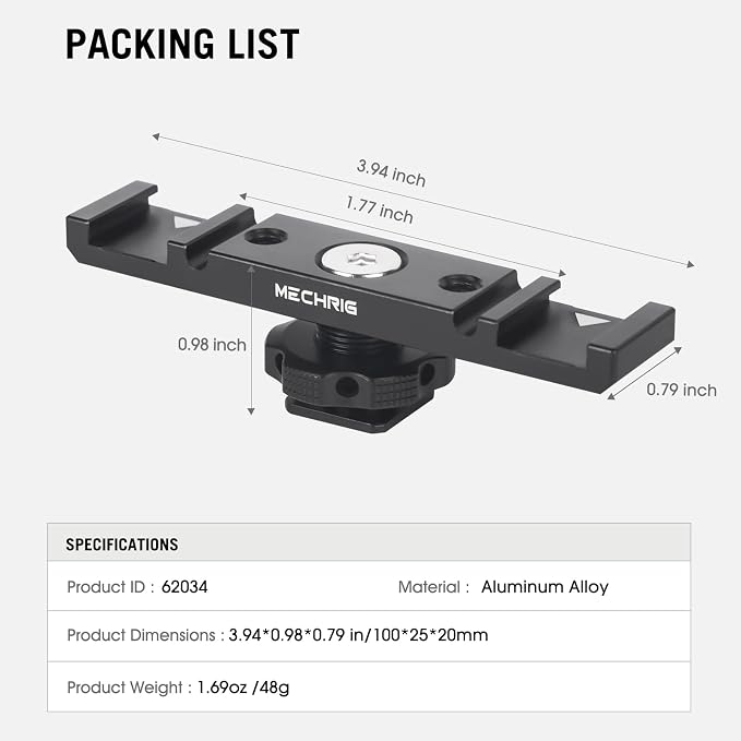 Dual Cold Shoe Extension Bar Mount, Aluminum Dual Hot Shoe Mount Bracket with 1/4" Thread & Cable Slot, Cold Shoe Bracket for DSLR Camera LED Video Light Microphone Monitor (62034) - Image 9