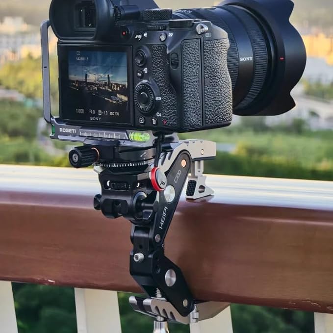 HEIPI C100 Super Clamp & Mini Ball Head & Panning Base, Max Clamping 3.93" | Clamp & stand design. Max clamping 3.93"/10cm. Dual screw mounts: 1/4"-20,3/8"-16. Compatible with phone, action camera, DSLR - Image 7