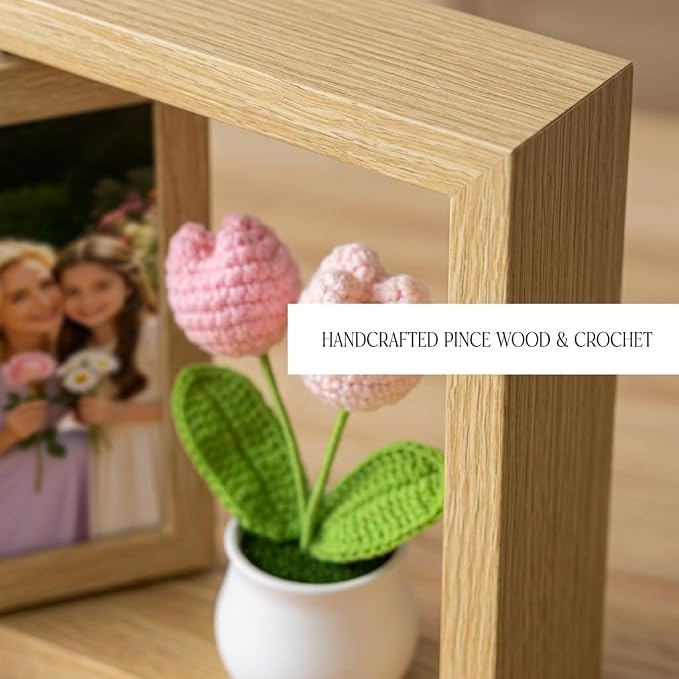 4x6 Rotating Picture Frame Desktop with Crochet Pink Tulip, 4x6 Double-Sided Display Vertical Photo- 2026 Graduation Gift for Girls Her Teacher Tulip Flower Gifts for Mom Women Office Desk Cute Decor - Image 7