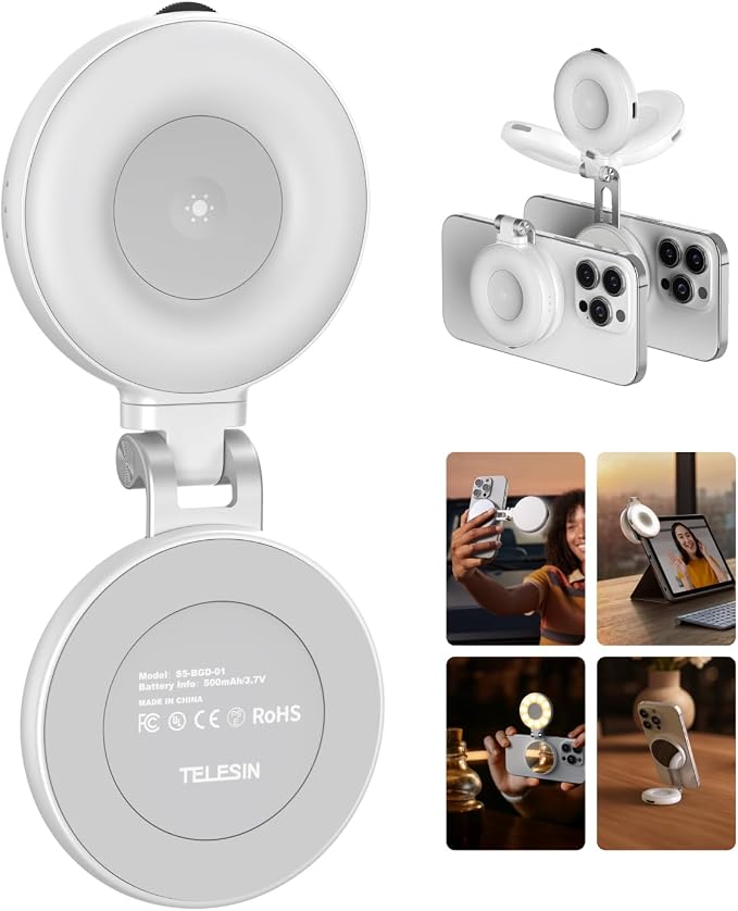 TELESIN C03 Magnetic Selfie Light CRI97 360° Phone Light for iPhone Magsafe | 3 CCT Selfie Ring Light Fill Light with Mirror for Selfies/Photography/TikTok/Zoom Calls/Video Conference (White) by telesin